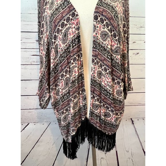 Mauve Open Front Cardigan Lagenlook Fringed Paisley Sweater Shirt Medium ST8232 - Picture 7 of 10